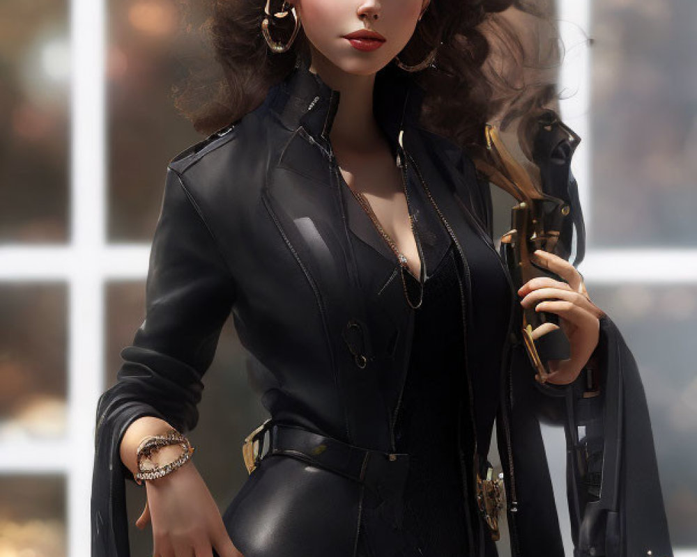 Stylized female character with rabbit ears in black leather outfit holding a gun