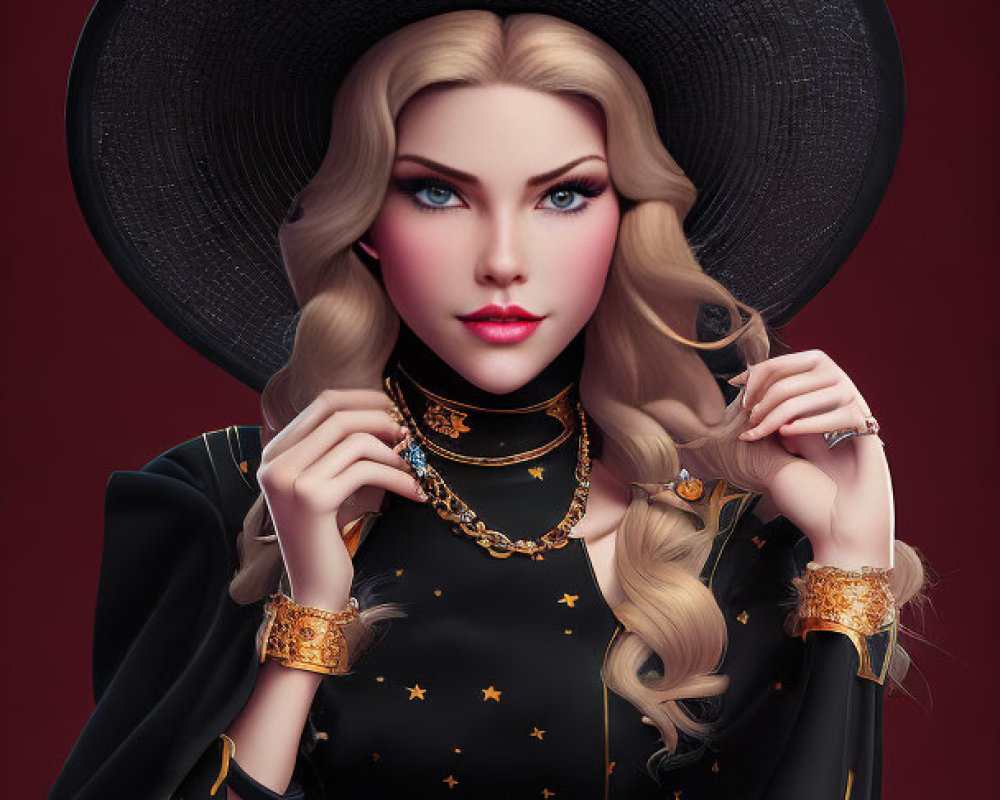 Blonde woman in witch's hat, black dress, gold stars & jewelry