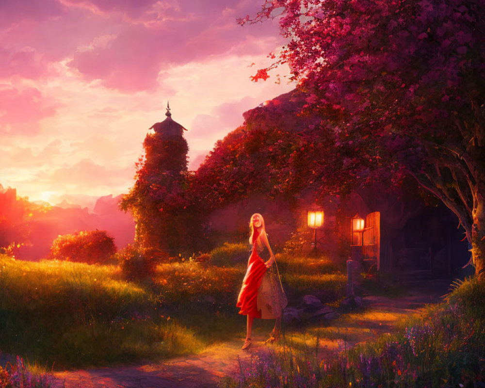 Woman in Red Dress Stands by Lantern in Serene Sunset Scene