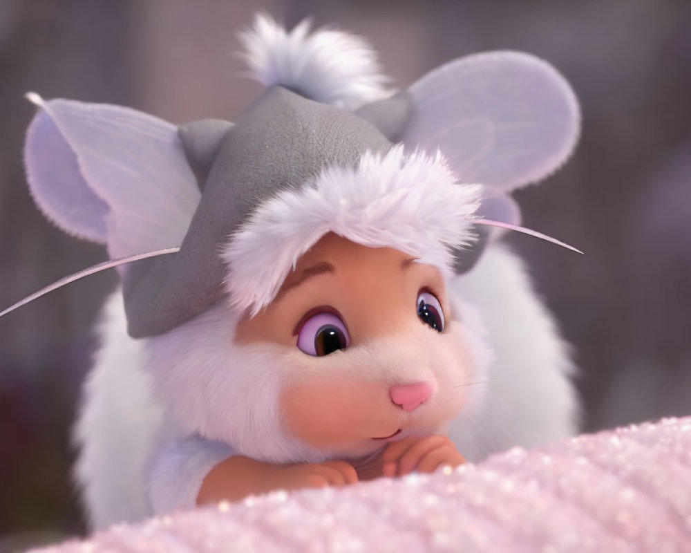Animated Rabbit in Grey Mouse Hat on Pink Surface