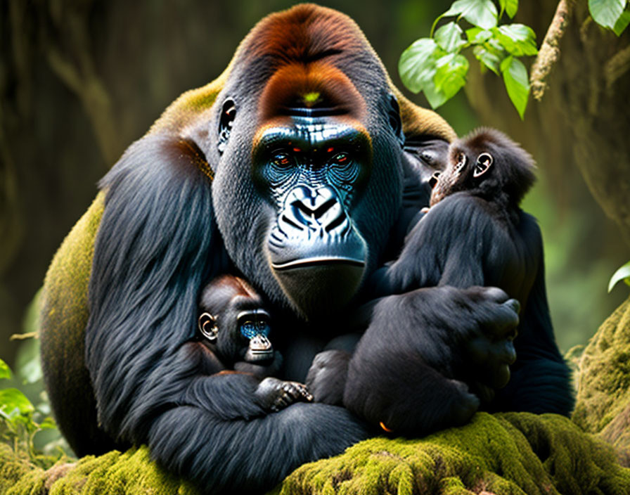 Gorilla family with silverback and young ones in lush green foliage