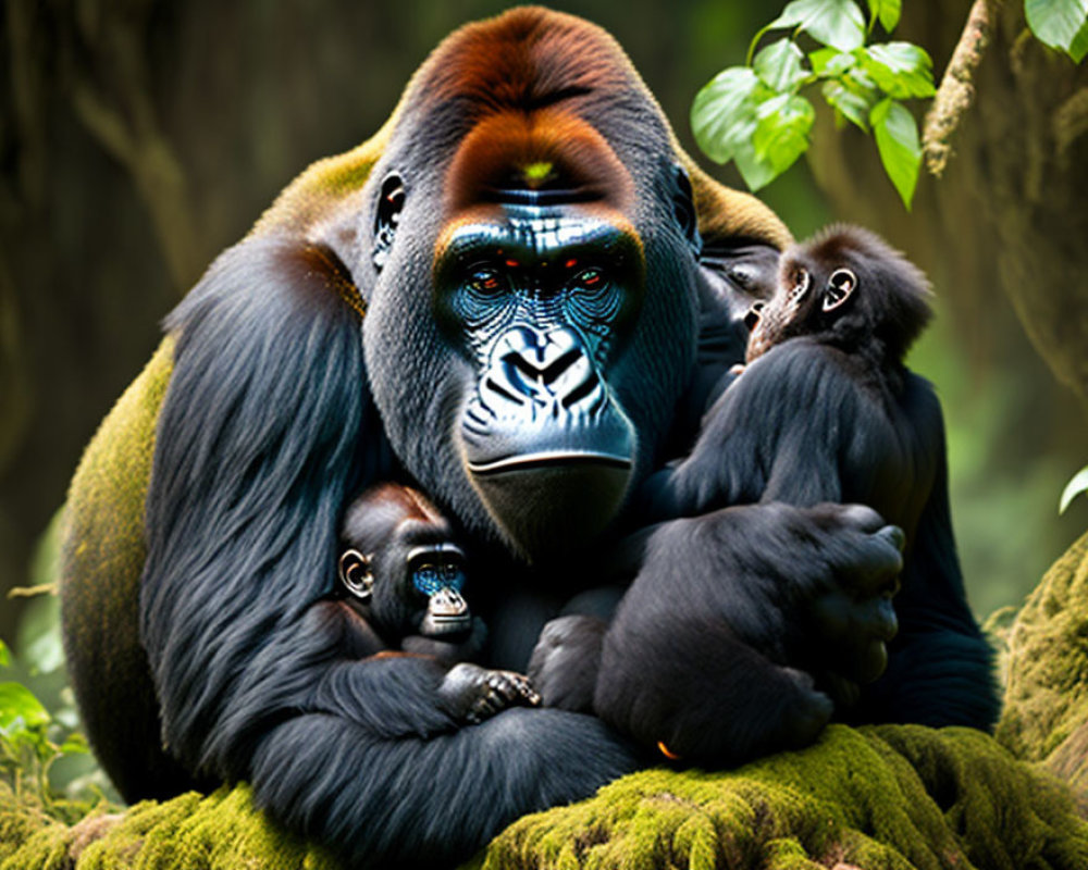 Gorilla family with silverback and young ones in lush green foliage