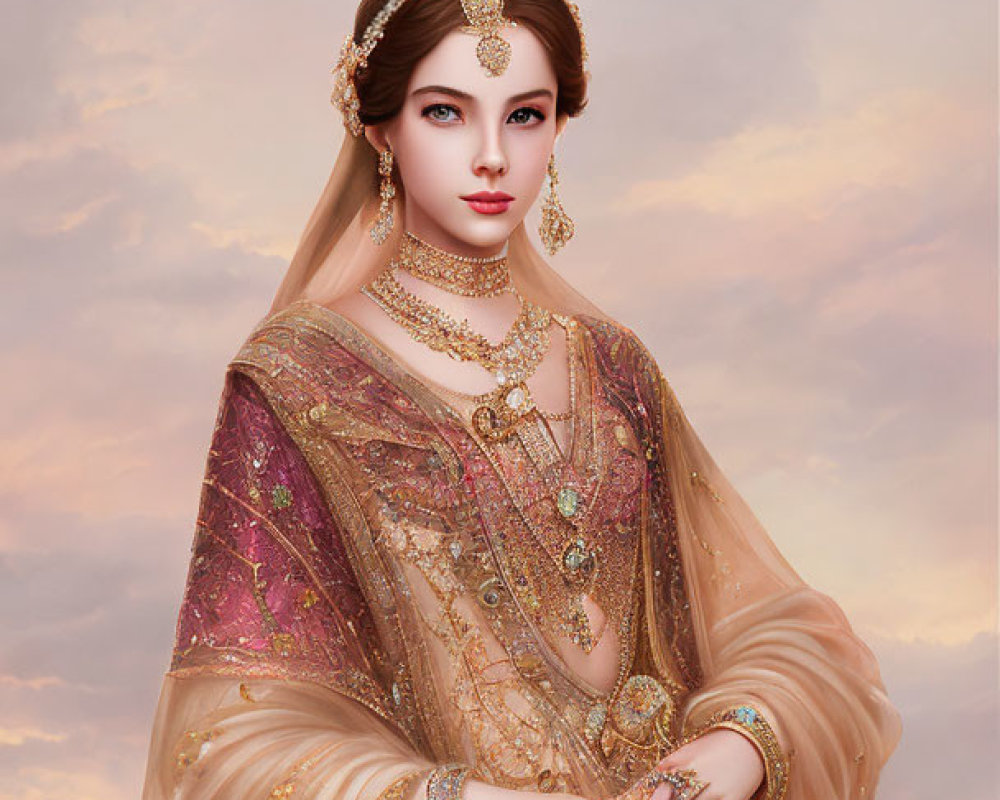 Illustrated woman in ornate golden attire with intricate jewelry against sunset backdrop