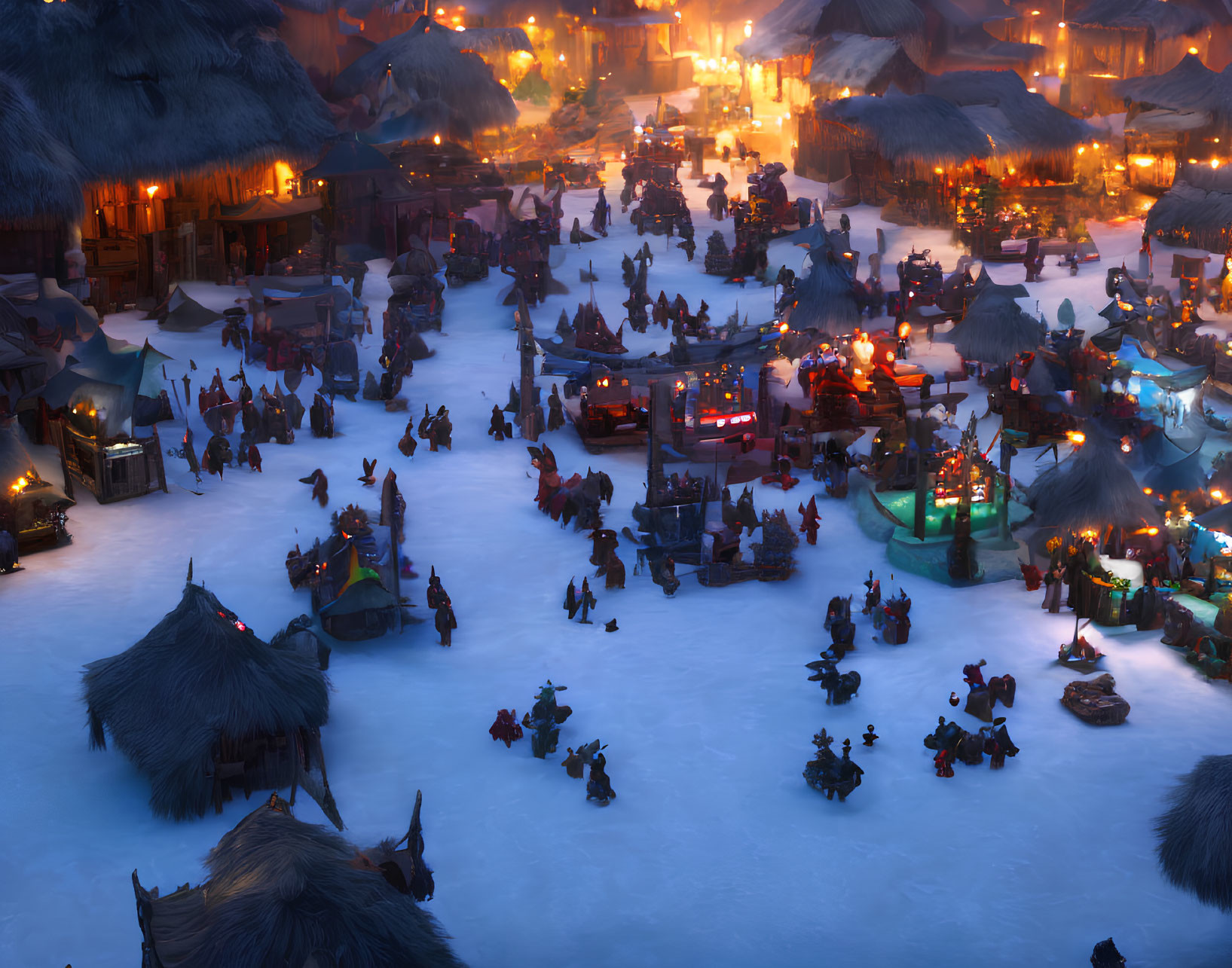 Medieval village at night covered in snow with warm lights and villagers.