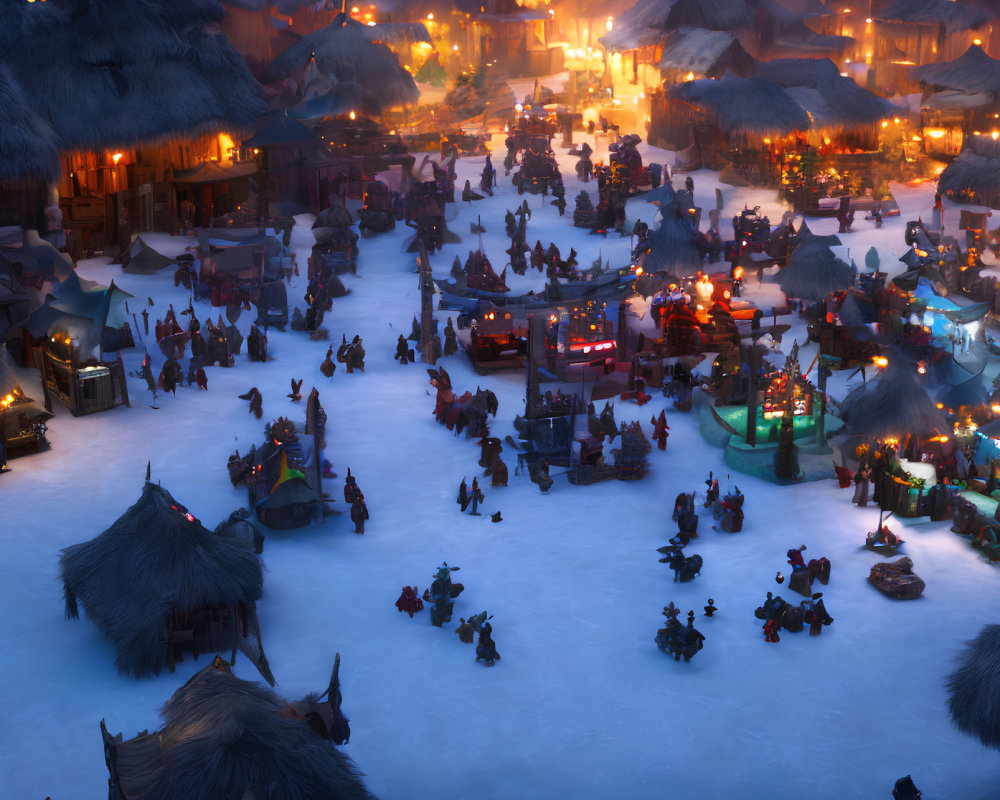 Medieval village at night covered in snow with warm lights and villagers.