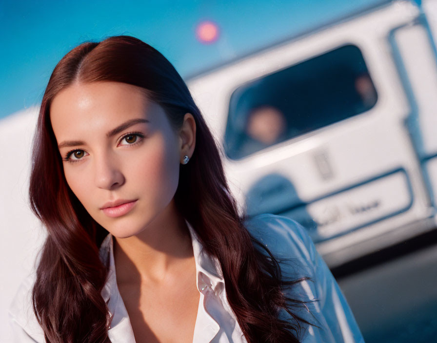 Woman with long brown hair in white blouse against blue sky with white van in background