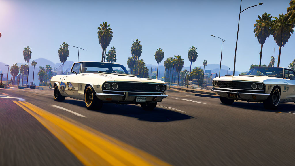 Vintage White Muscle Cars Racing on Sunlit Palm Tree-Lined Road