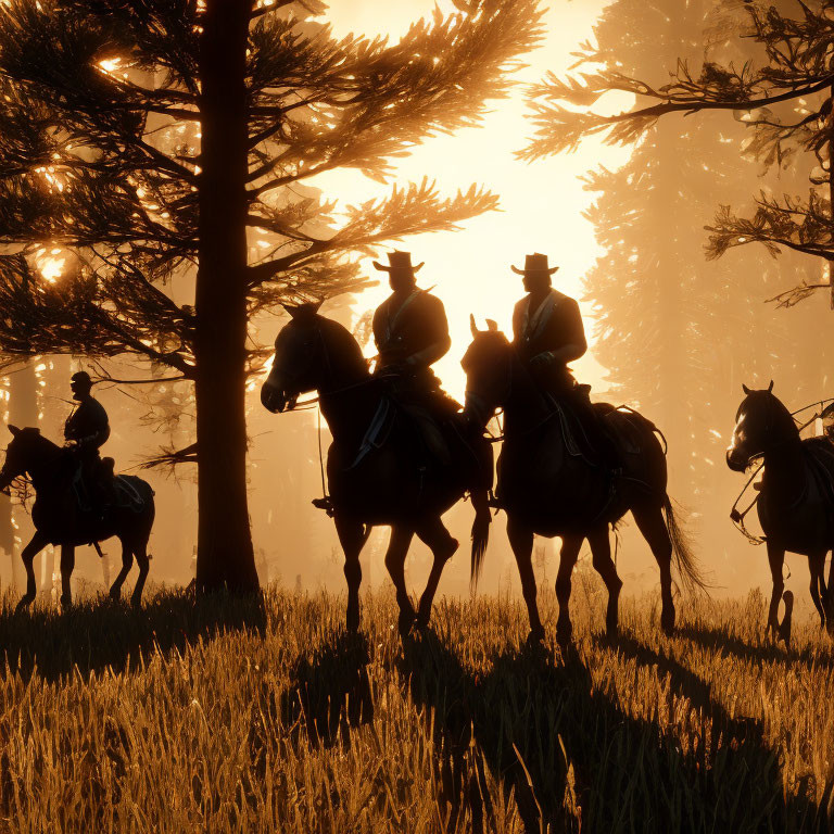 Four Cowboys on Horseback in Sunlit Forest: Serene Old West Scene