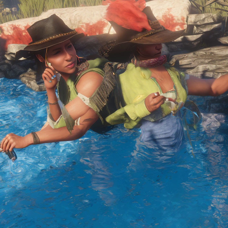 Two Women in Cowboy Hats Relaxing in Clear Blue Water