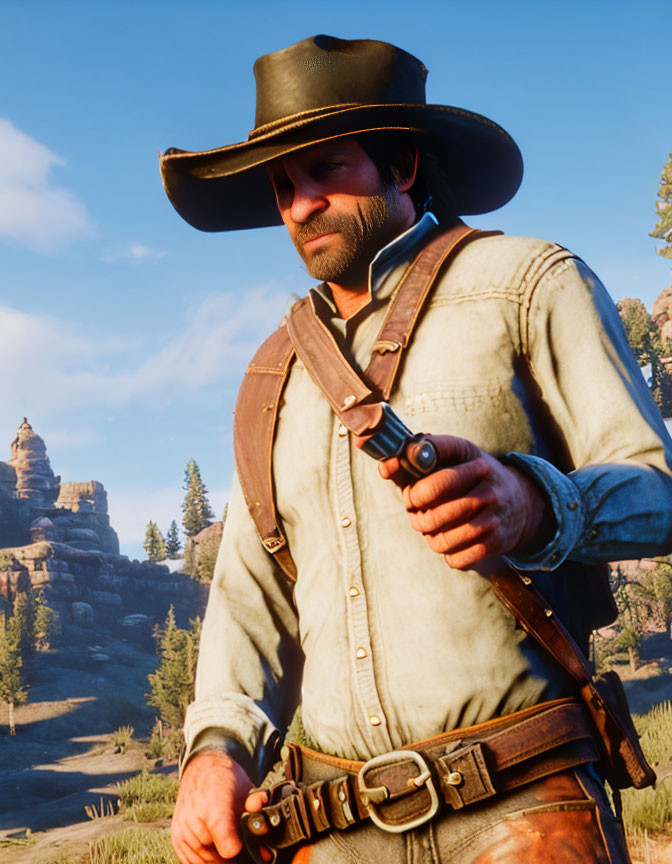 Bearded man in cowboy attire with revolver in Western landscape