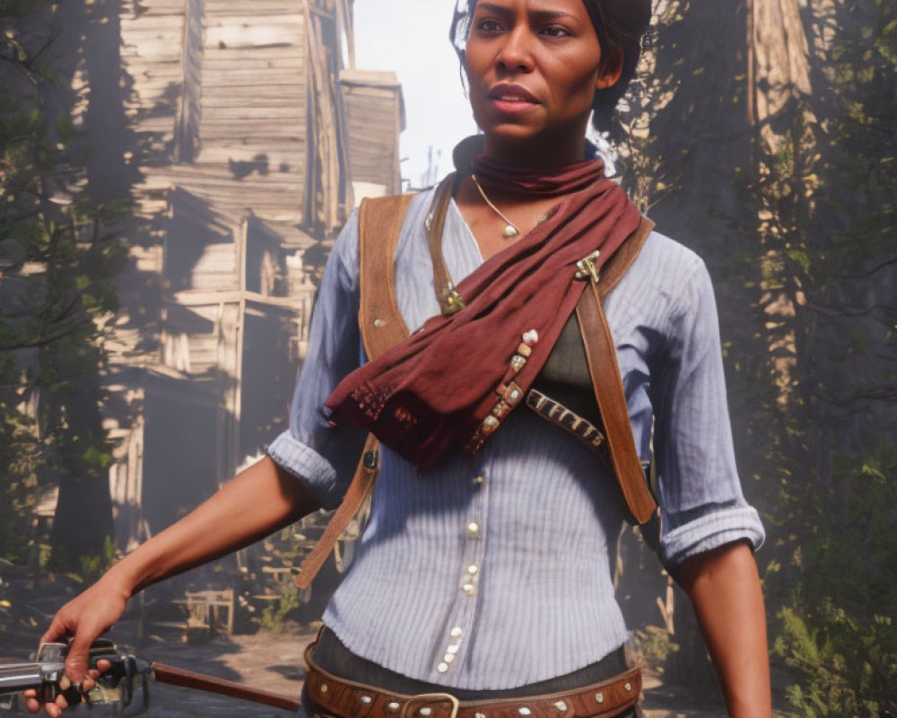 Western-themed female video game character with revolver in hand against wooden buildings and trees.