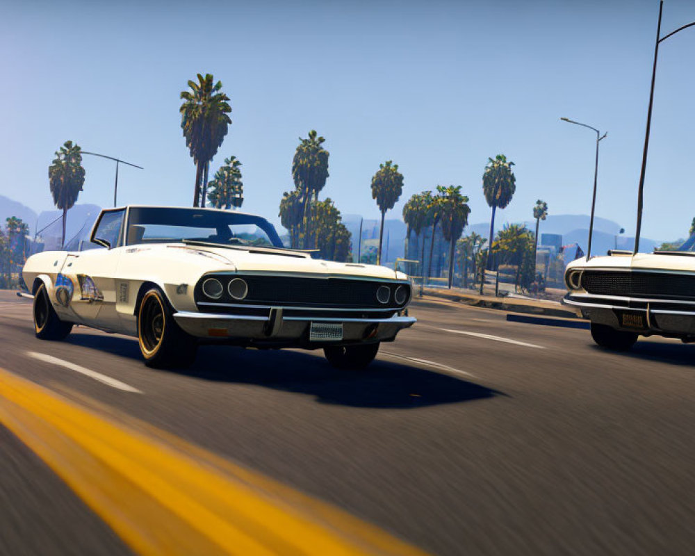 Vintage White Muscle Cars Racing on Sunlit Palm Tree-Lined Road