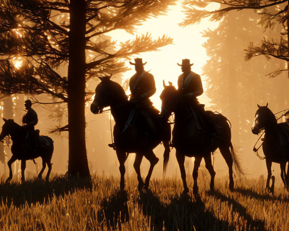 Four Cowboys on Horseback in Sunlit Forest: Serene Old West Scene
