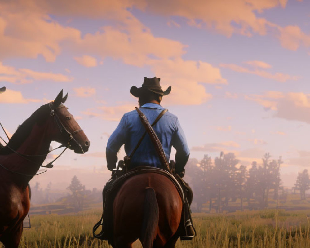 Cowboys on Horseback Facing Sunset in Wild Landscape