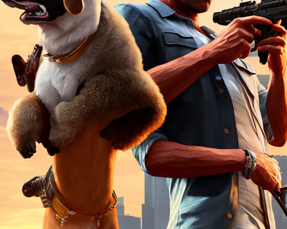 Man in blue shirt with gun and large dog in sunset city scene