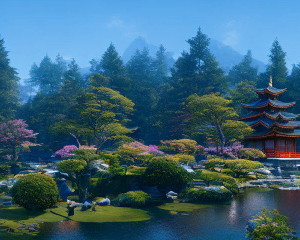 Japanese Garden with Pagodas, Cherry Blossoms, Trees, and Pond