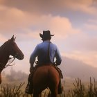 Cowboys on Horseback Facing Sunset in Wild Landscape