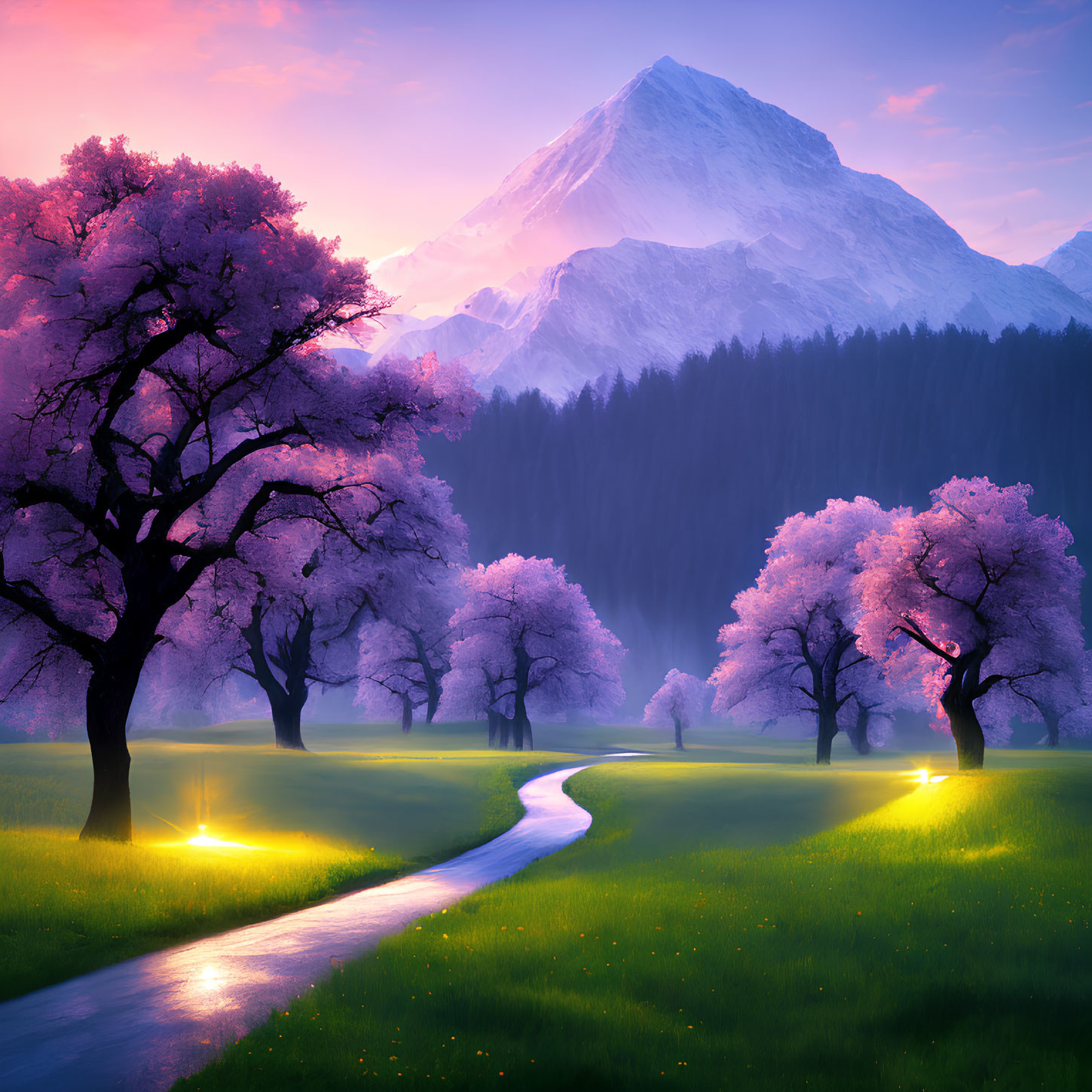 Pink Trees and Snowy Mountains in Serene Landscape at Dawn or Dusk
