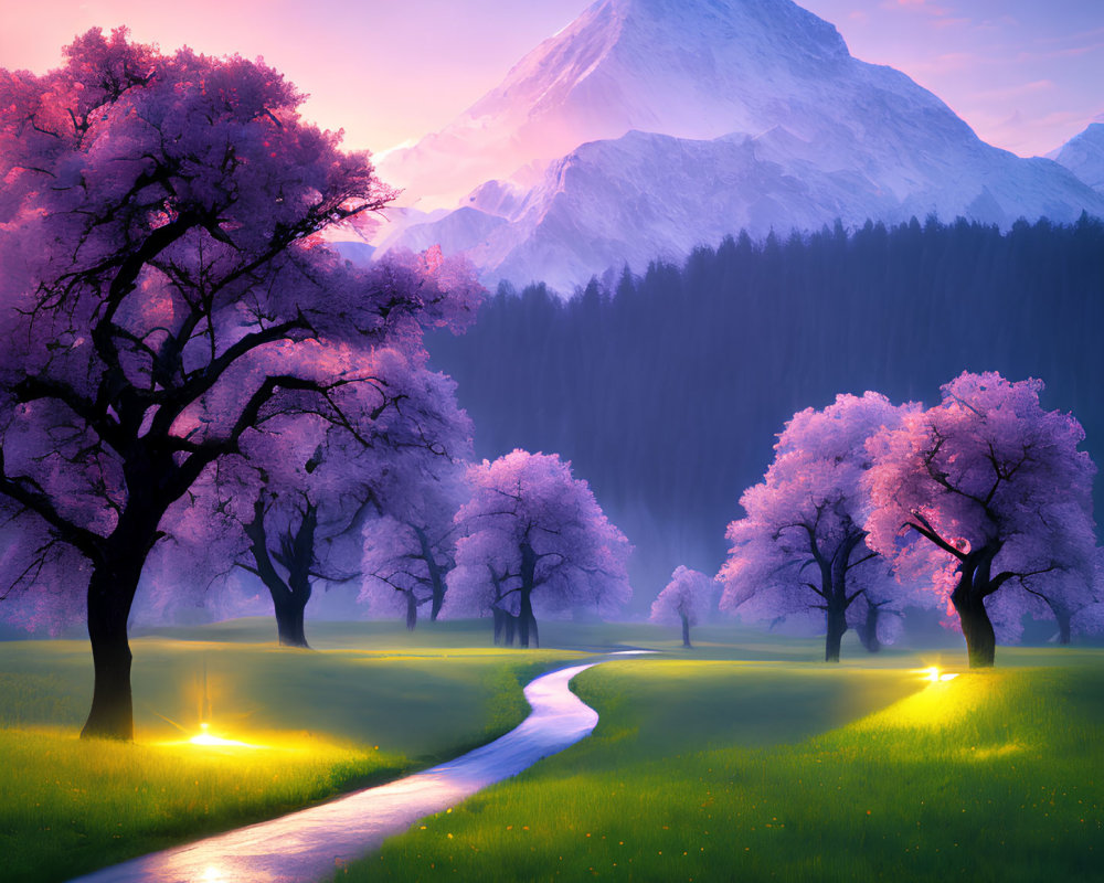 Pink Trees and Snowy Mountains in Serene Landscape at Dawn or Dusk