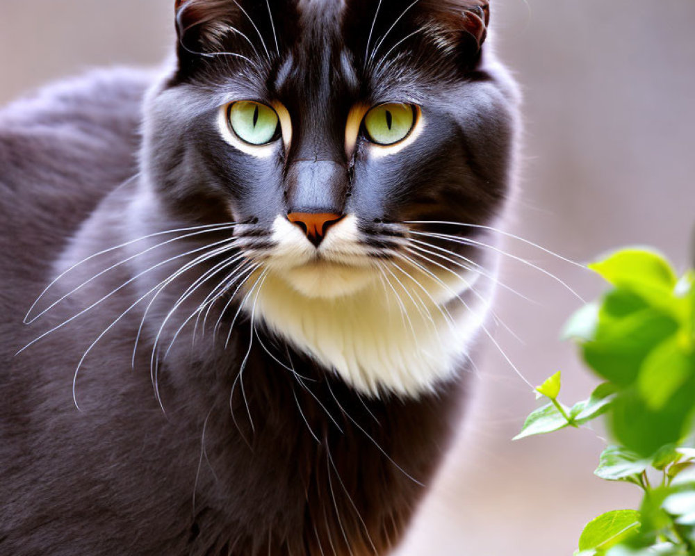 Black Cat with White Chest and Green Eyes Among Green Foliage