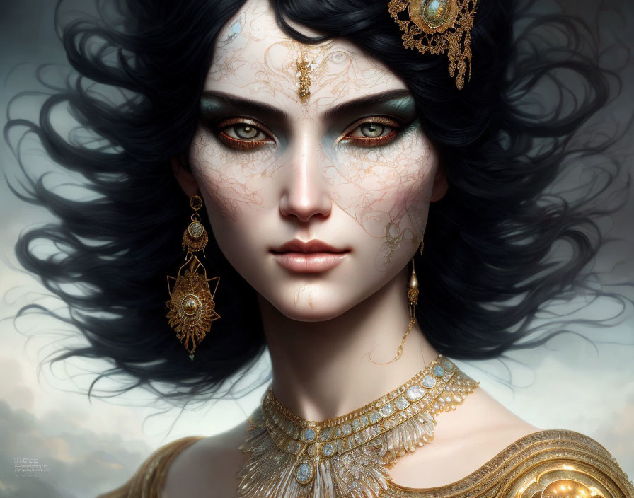Portrait of Woman with Dark Hair, Pale Skin, and Gold Jewelry
