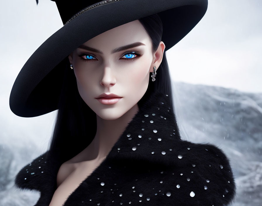Digital artwork: Woman with blue eyes, black hat, fur coat in snowy landscape