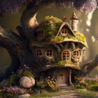 Enchanting forest scene with magical tree resembling fairy-tale house