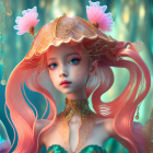 Digital artwork: Young girl with red hair, sea creature accessories, jellyfish, teal aquatic background