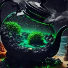 Transparent teapot with lush greenery and glowing elements on starry backdrop