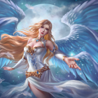 Ethereal angelic figure with large wings and golden attire