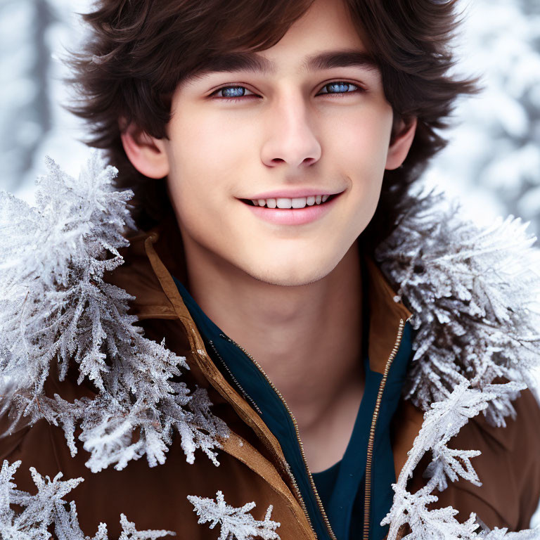 Smiling young man in brown jacket among frost-covered branches