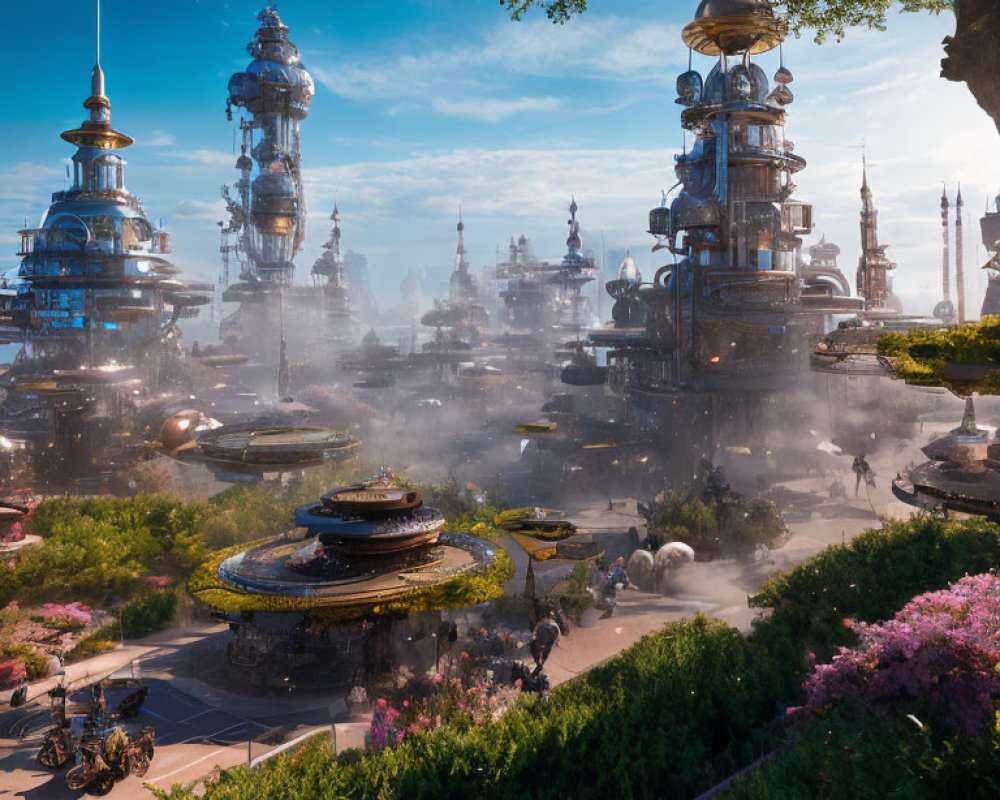 Futuristic cityscape with ornate structures, greenery, flowers, and diverse characters