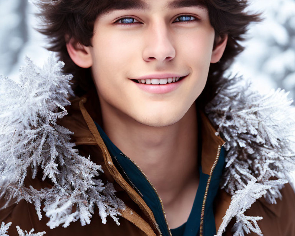 Smiling young man in brown jacket among frost-covered branches