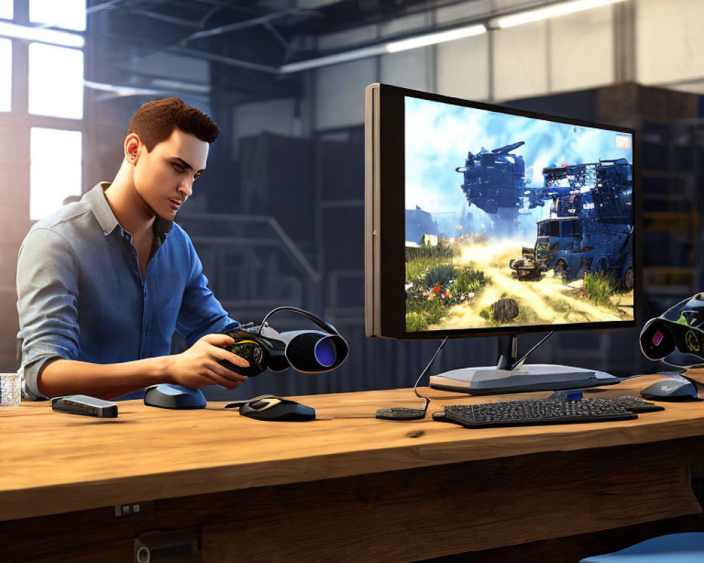 Man playing video game with controller on action-packed vehicle scene monitor