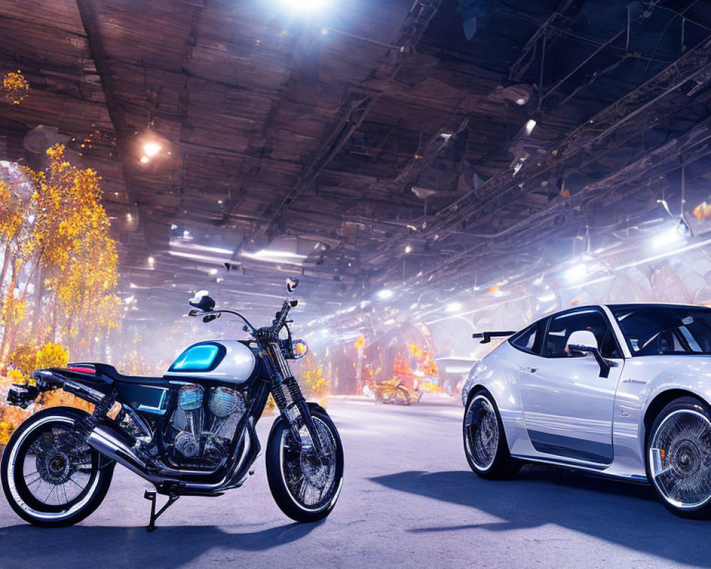 Motorcycle and sports car in industrial indoor setting with atmospheric lighting