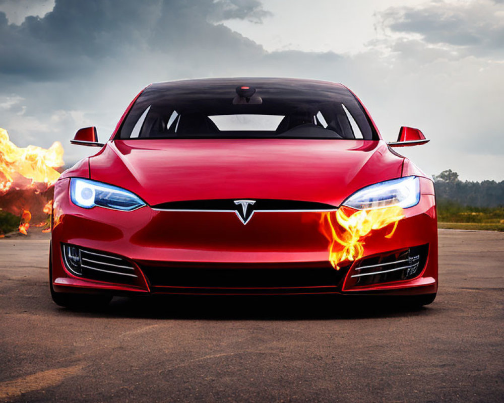 Red Tesla Model S with stylized flames on asphalt against cloudy sky and fire explosions