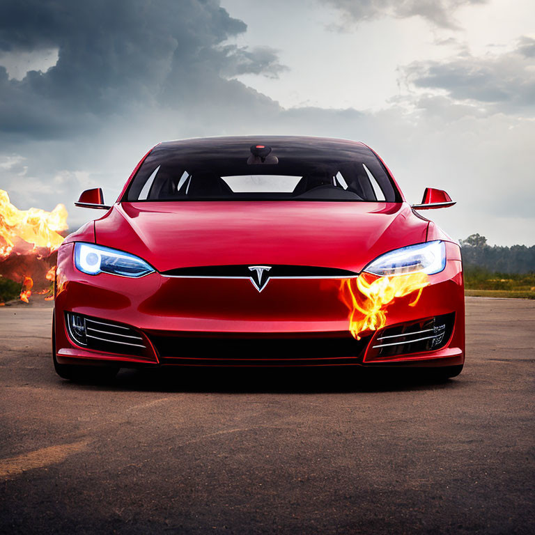 Red Tesla Model S with stylized flames on asphalt against cloudy sky and fire explosions