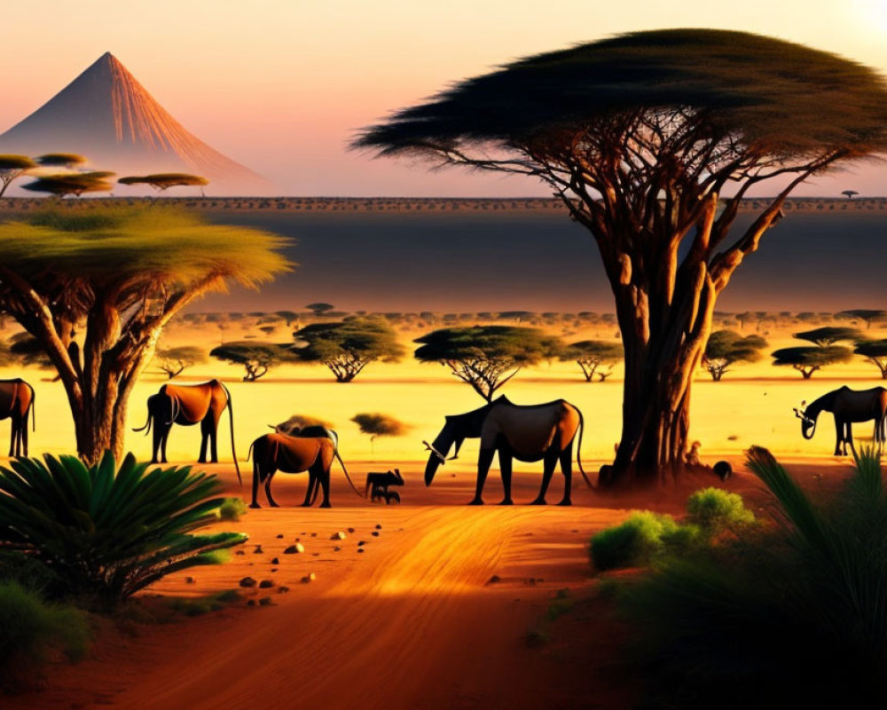 Serene African savanna sunset with elephants, acacia trees, and mountain