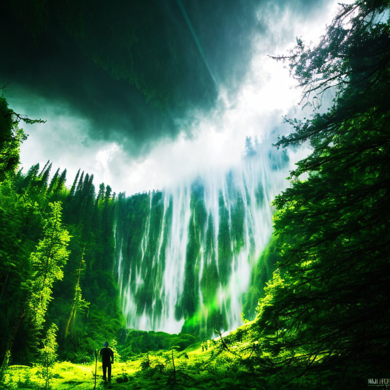 Figure in Verdant Forest Clearing Observing Sunlit Waterfall