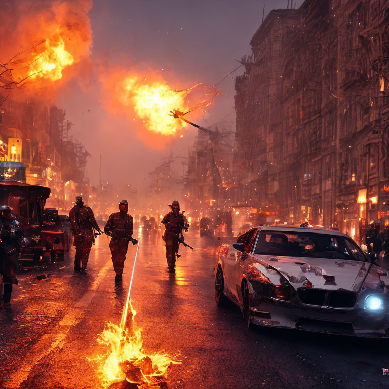 Dystopian scene: soldiers, fiery street, helicopter, burning car, ominous sky