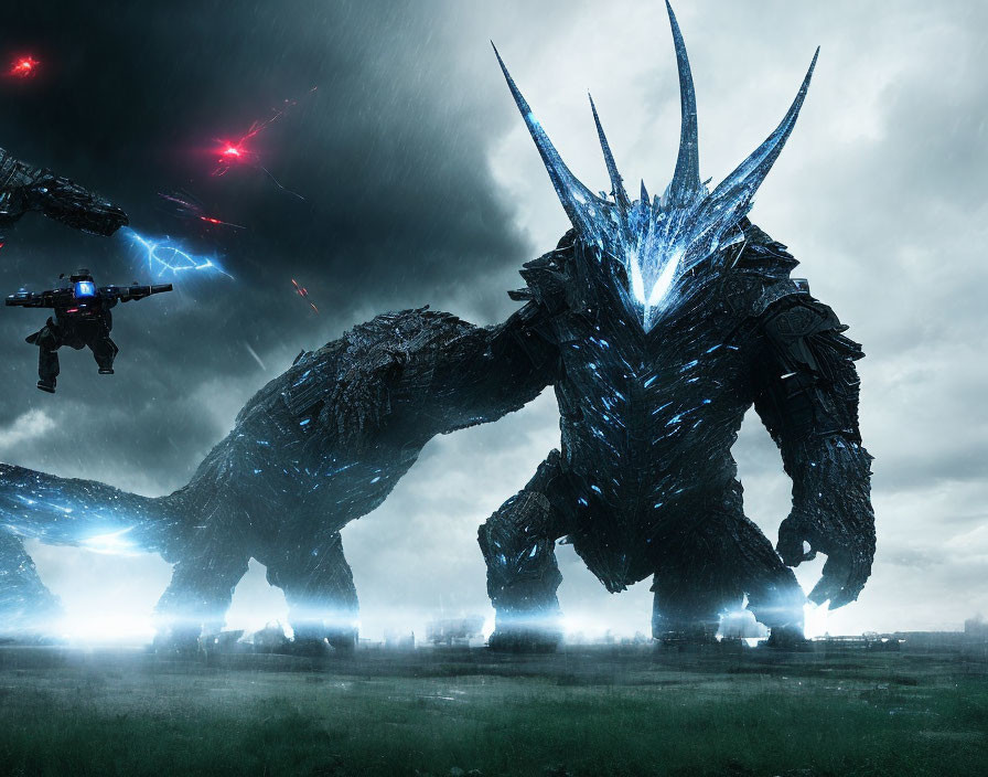 Gigantic blue-accented creature in stormy battlefield with flying machines and red projectiles.