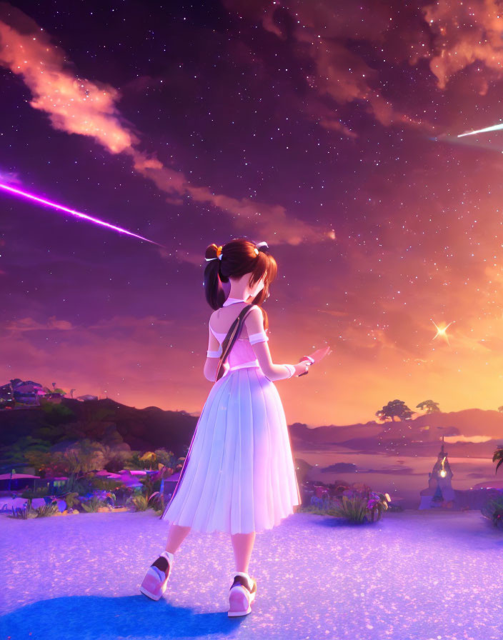 Young girl in white dress gazes at colorful twilight sky with shooting stars above peaceful town.