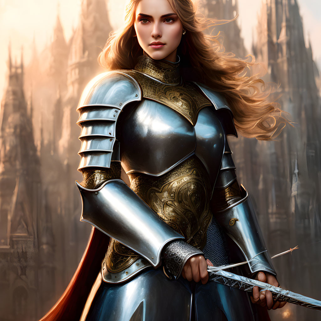 Female knight in shining armor with sword and castle in digital artwork