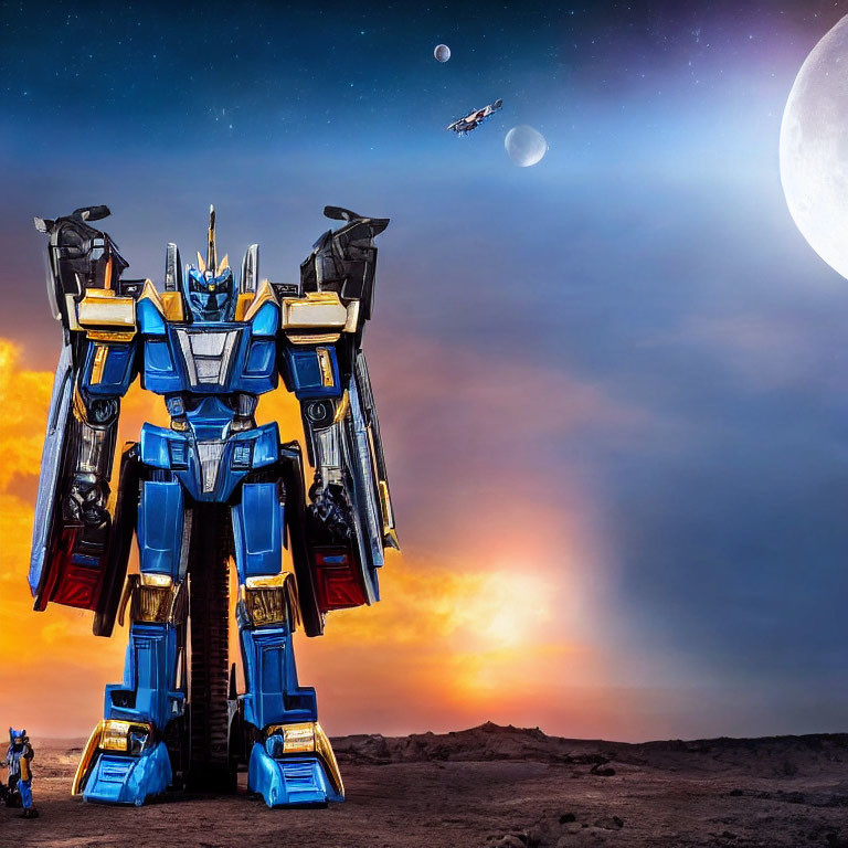Giant blue and silver robot in desert twilight with smaller robot and spacecraft under moon