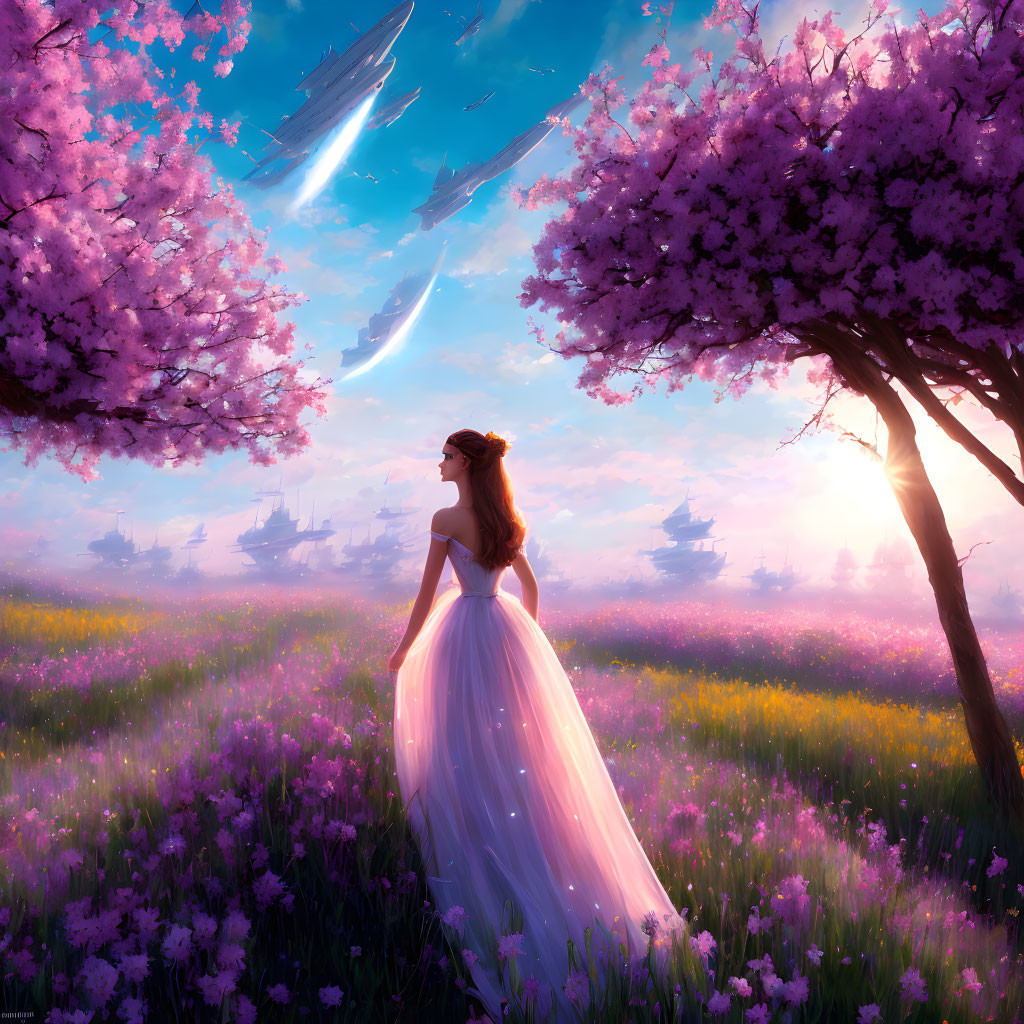 Woman in white dress surrounded by purple flowers under dreamy sky with floating ships and shooting stars.