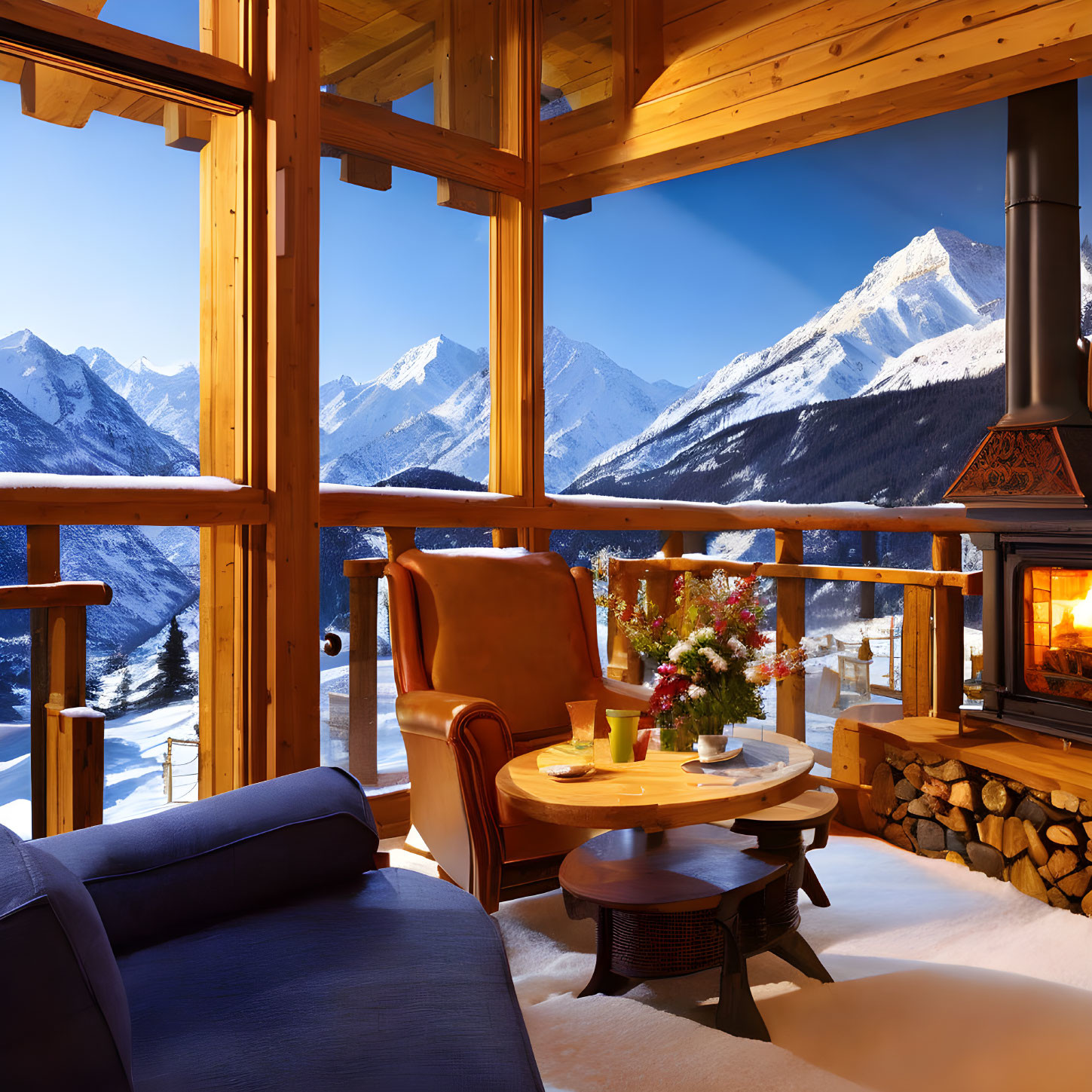 Rustic cabin interior with fireplace, armchair, and snowy mountain view