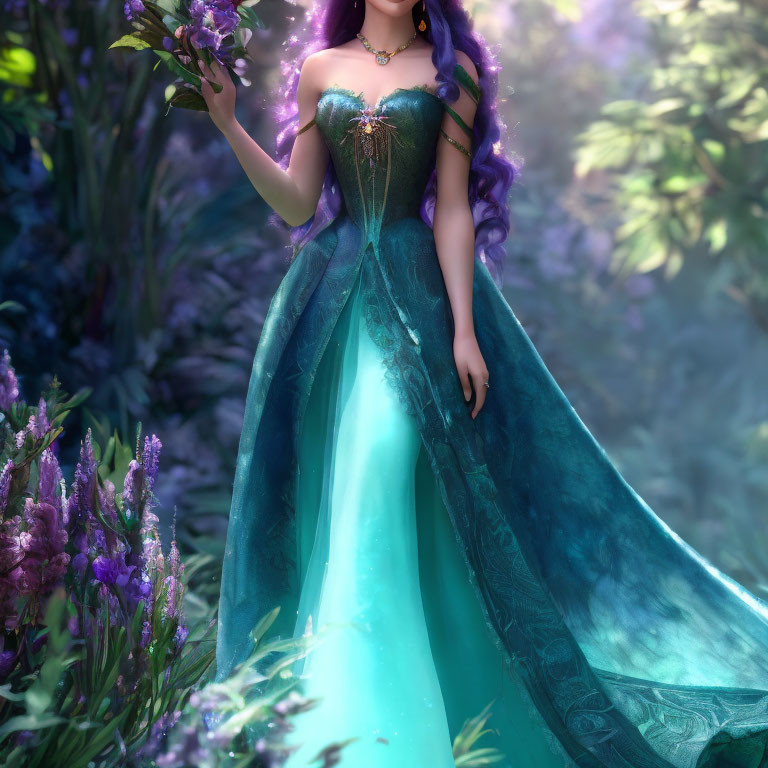 Woman in Turquoise and Green Gown Holding Purple Flowers in Lush Garden