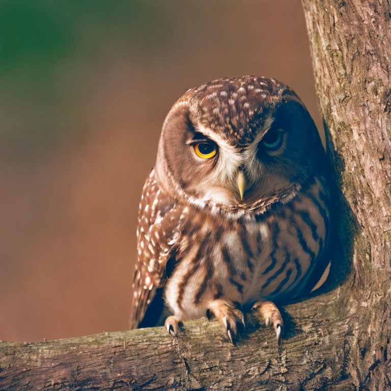 Brown owl with yellow eyes camouflaged in tree nook.
