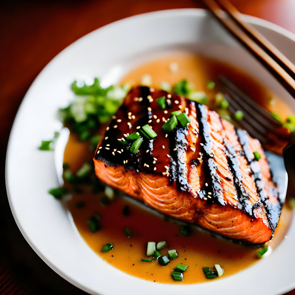 Fresh Grilled Salmon Fillet with Sesame Seeds and Green Onions on White Plate