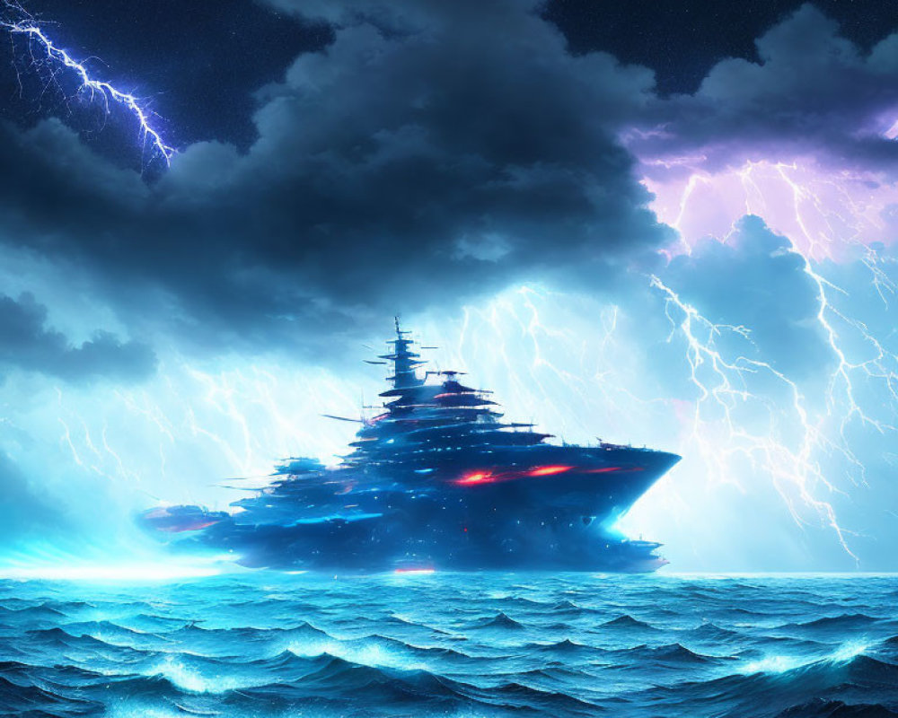 Majestic battleship sailing in stormy sea with dramatic lightning bolts